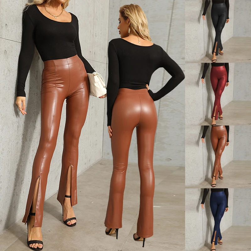 

2022 Autumn Ladies Sexy PU Leather Trousers High Waist Elastic Slit Flared Pants Street Fashion Slim Pencil Pants Slimming