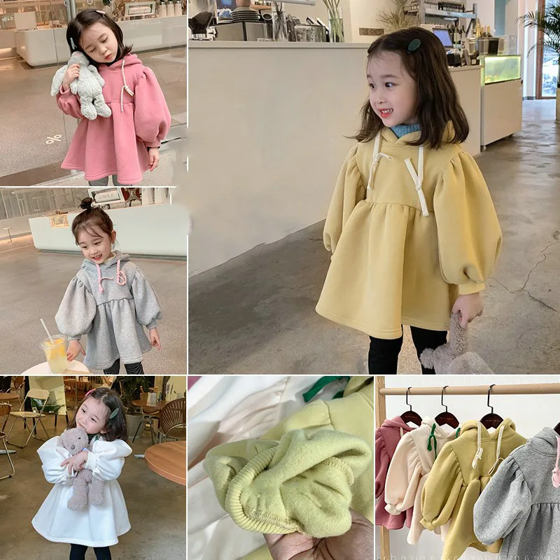 

Winter Warm Baby Girls Cotton Lovely Plain Fleece Lined Long Sweatshirt Jackets Kids Track Hoodie Coat Child Outfit Tops 2-8 Yrs