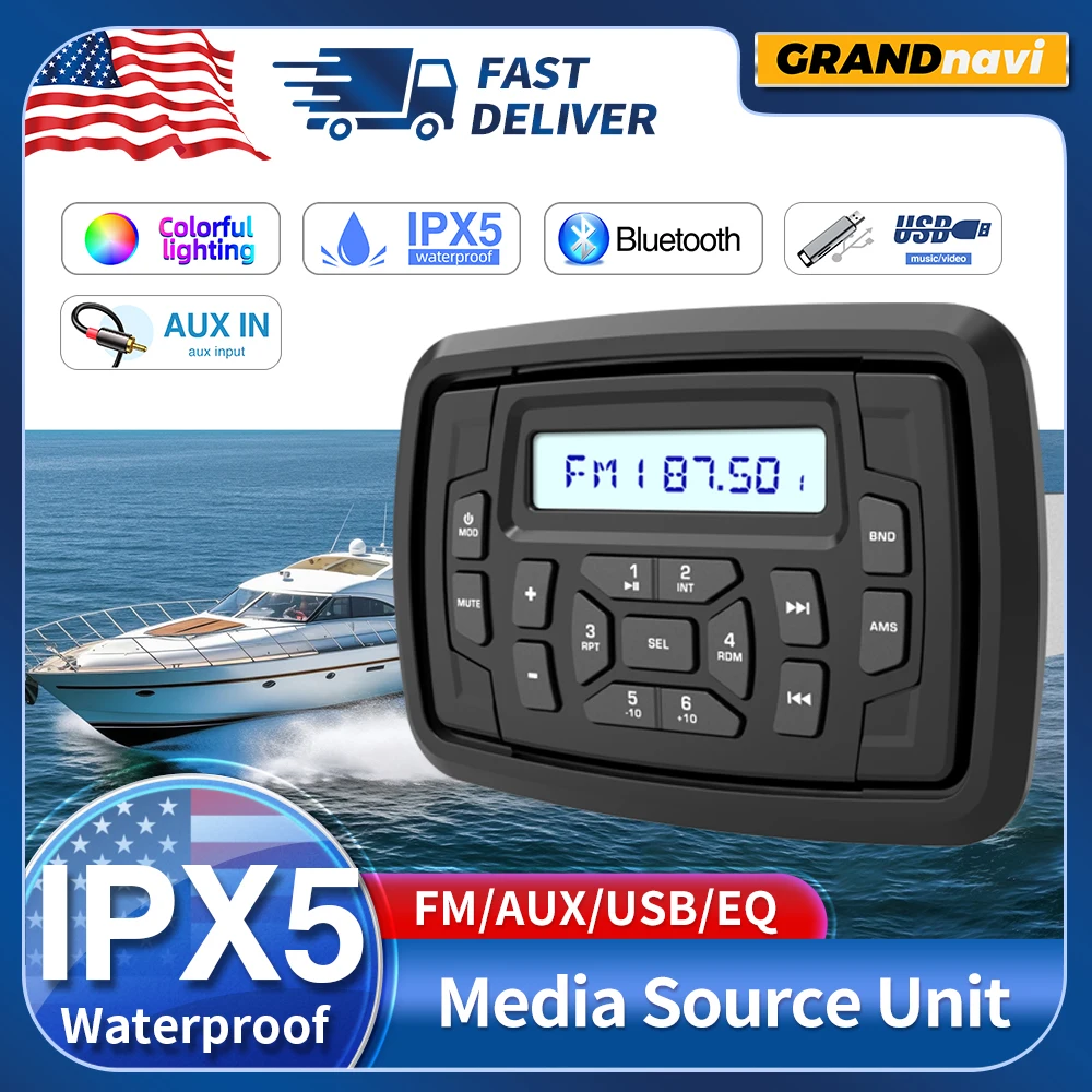 GRANDnavi Marine Stereo Boat Radio Waterproof Bluetooth FM AM Digital Media Audio Player For Yacht Gauge ATV UTV Cart Motorcycle