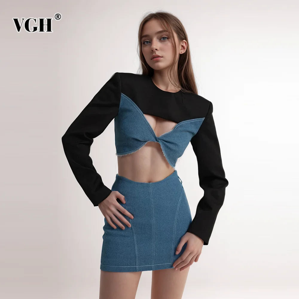 

VGH Sexy Two Piece Sets For Women Round Neck Long Sleeve Hollow Out Tops High Waist Bodycon Skirts Slimming Set Female Fashion