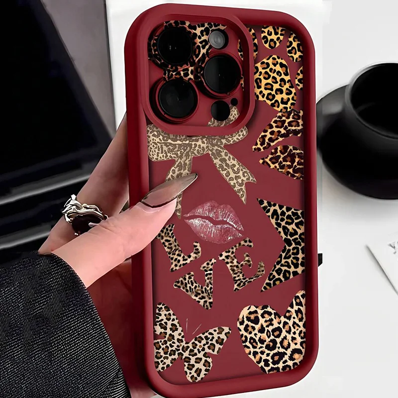 الفهد طباعة الحيوان مثير أحمر الشفاه ربطة القوس فيونكة ليوبارد نمط جراب هاتف آيفون 16 برو ماكس 15 14 13 12 11 XS X XR 7 8 Plus غطاء #4
