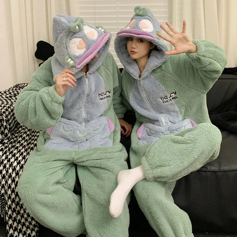 Kigurumis Winter Paar Pyjama Jumpsuits Vrouwen Mannen Koraal Fleece Nachtkleding Onesie Cartoon Zacht Warm Dik Pyjama Liefhebber Pijama