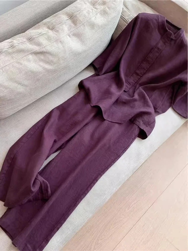 Summer Solid Color Women 2 Piece Sets Elegant Simple Cotton and Hemp Suit Casual O-neck 3/4 Sleeve Long Pants Two Piece Set