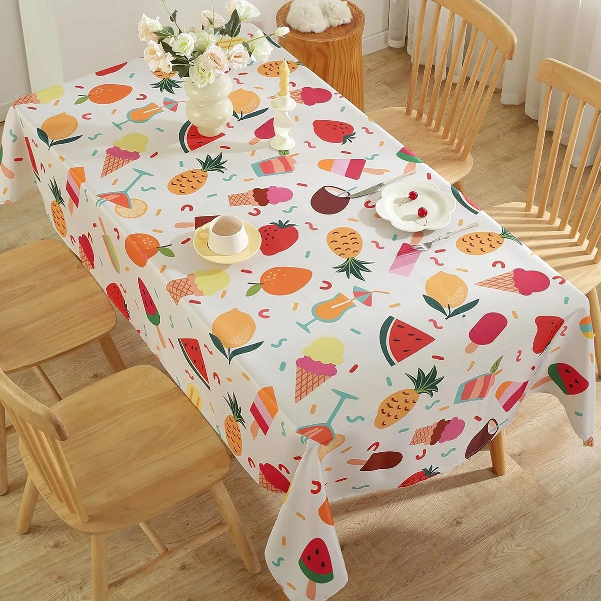 Summer Theme Rectangle Tablecloth for Table Decor Lemon Ice Cream Watermelon Strawberry Print Table Cloth Wedding Party Decor