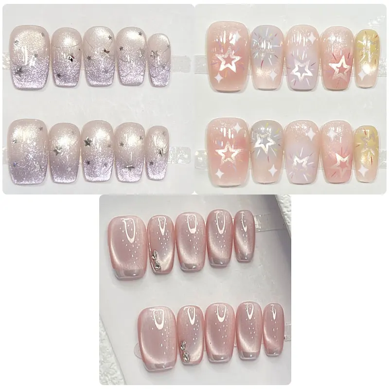 

10 шт./пакет, французские розовые, фиолетовые, со звездами, лунным светом, кошка, магнитные, ручной работы, пресс для ногтей, средние квадратные, с полным покрытием, накладные ногти
