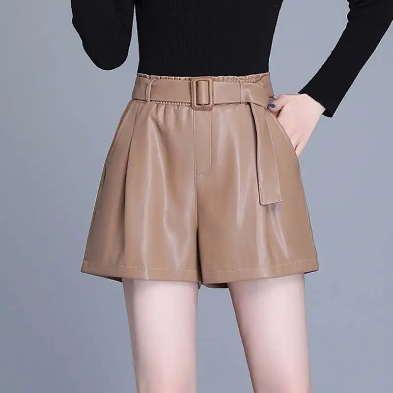 Real Leather Wide Leg Shorts Women Spring Autumn Pockets High Waist Sheepskin A-Line Plus Size Women Clothing Bike Shorts C8131