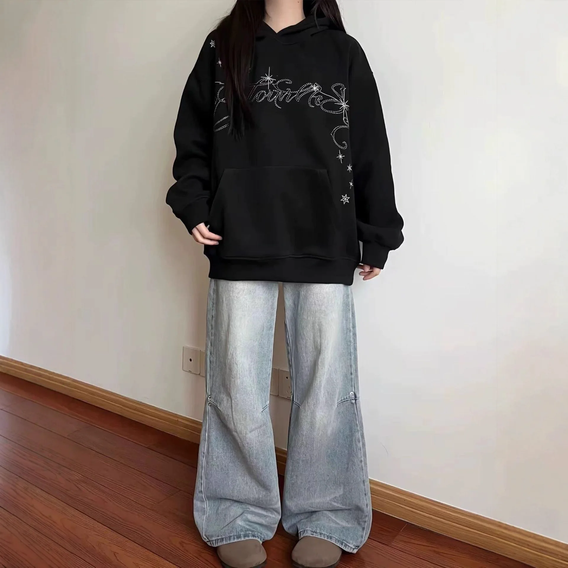 Korean High Street Embroidered Star Hoodie Autumn Winter Loose Casual Women's Hoodie Sweatshirt Coat Y2k Streetwear