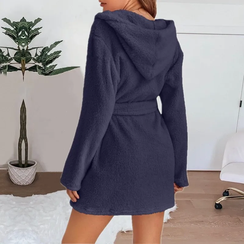 Herbst Winter Damen Sexy Bademantel Flauschiger Plüsch Pyjama Damen Kapuzen-Bademantel Einfarbiger Morgenmantel Warmer Bademantel Damen Loungewear – Detail 14