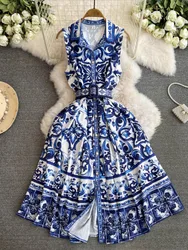 Hikigawa Chic Fashion Women Summer Vintage Turn Down Collar Sleeveless Dresses Belted Slim Waisat Blue White Print Vestidos