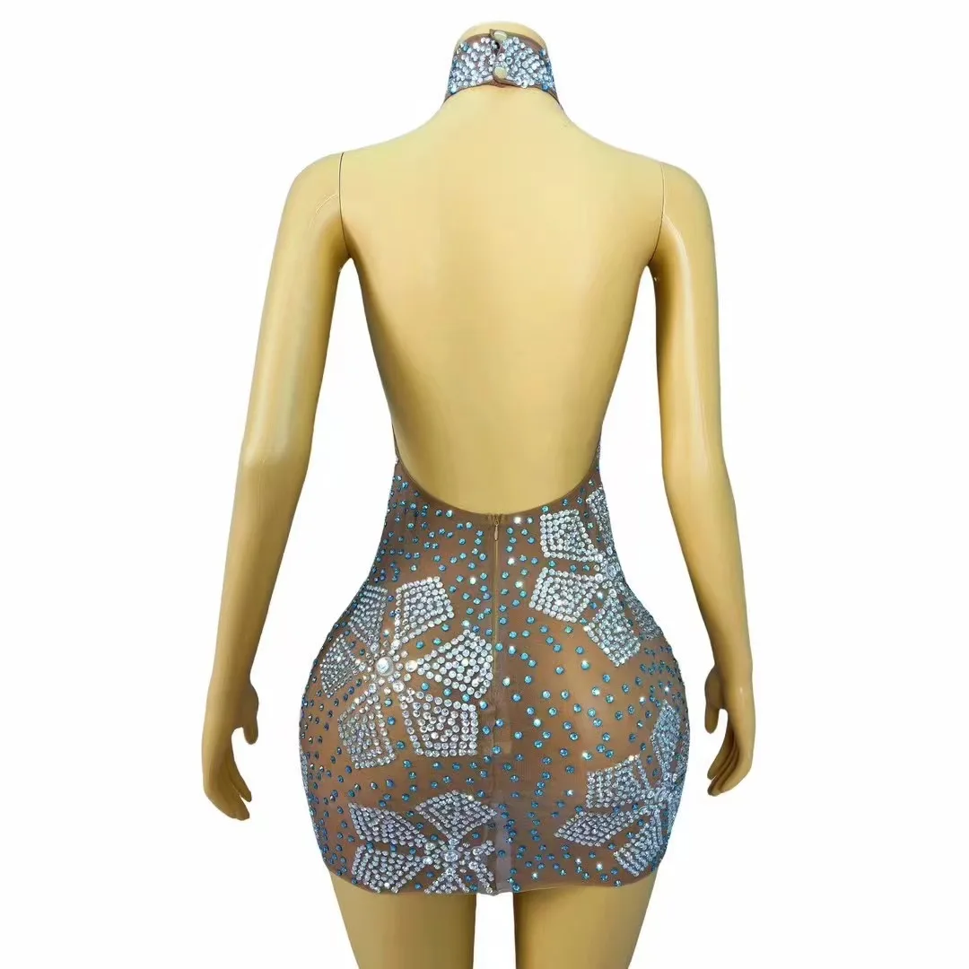 فستان نسائي قصير من أحجار الراين اللامعة ، حمالة صدر مثيرة ، شبكة عارية الذراعين ، شفافة ، حفلة عيد ميلاد الاحتفال ، ملابس مسرح للعرض