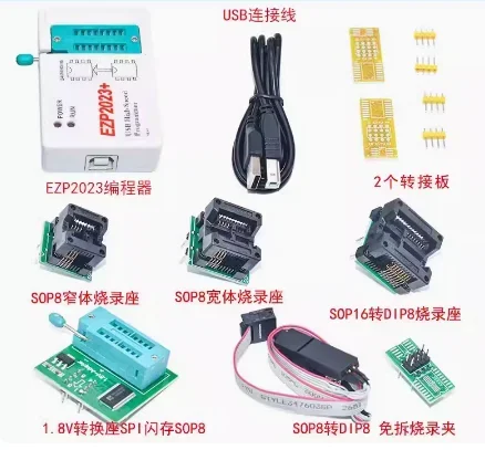 EZP2023 USB SPI Programmer Full Set with 7 Adapter Test Clip Sop8/16 Support 24 25 93 95 EEPROM Flash Bios Minipro Programmer