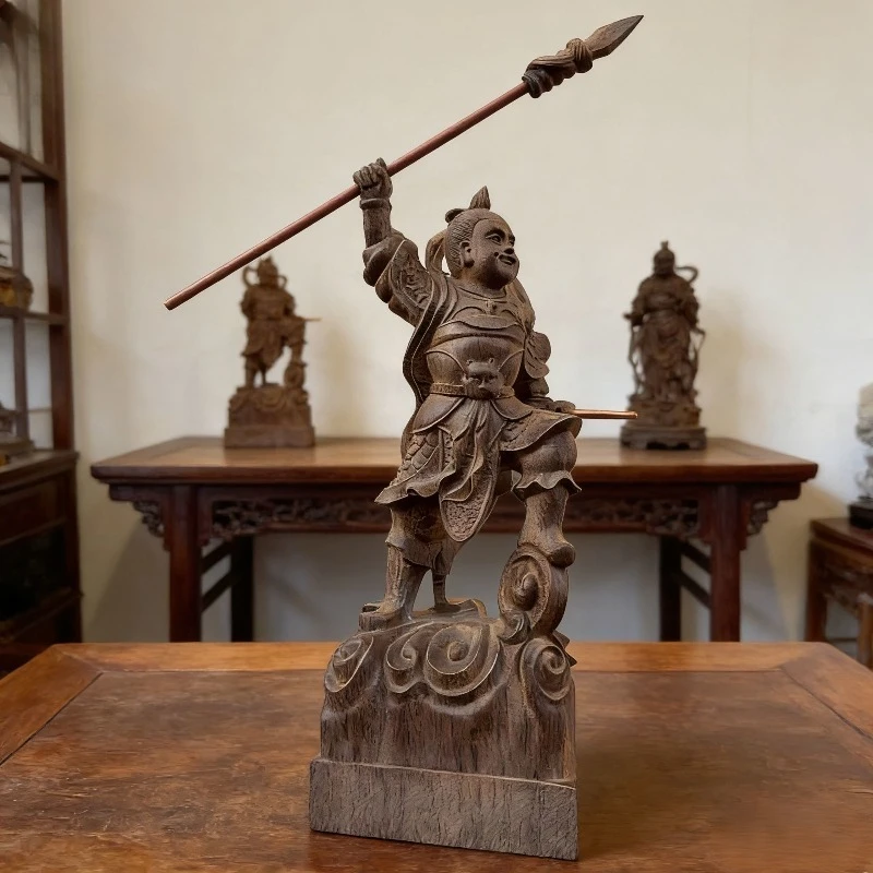 “Nezha Stirring Up The Sea” Third Prince Wooden Carving Ornament Solid Wood Carving for The Living Room or Office