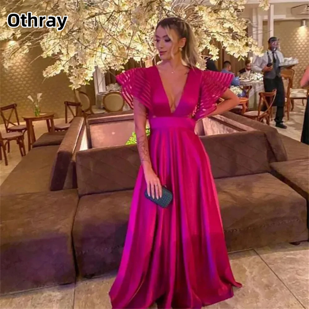 

Othray Satin Beach Charming Prom Dress Gown V Neck Short Sleeves Formal Gown Backless Custom Size Evening Gown vestidos de noche