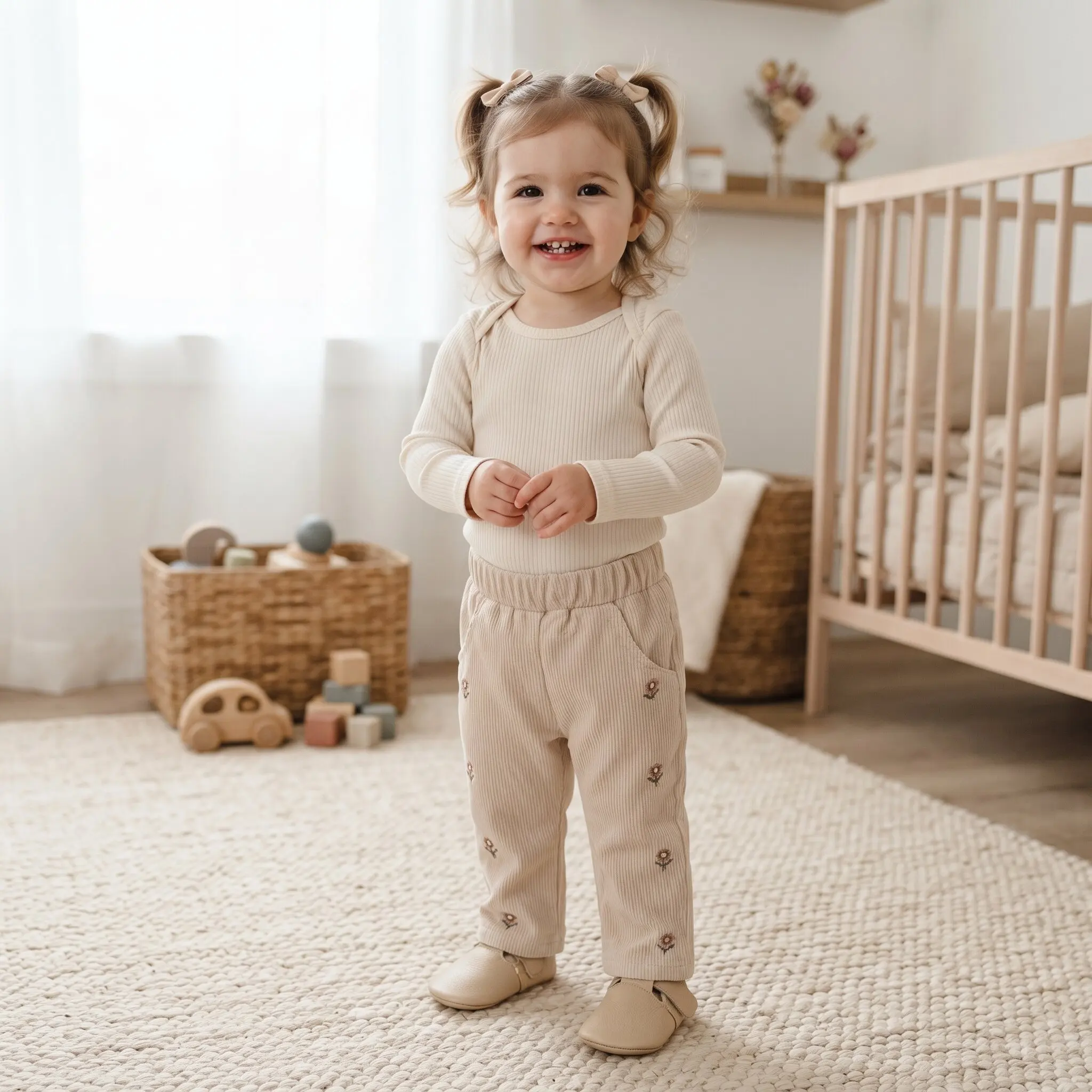 Baby Girl Ribbed Straight Pants Khaki Small Floral Embroidery Elastic Waist Pocket Trousers Toddler Girls Spring Casual Pants