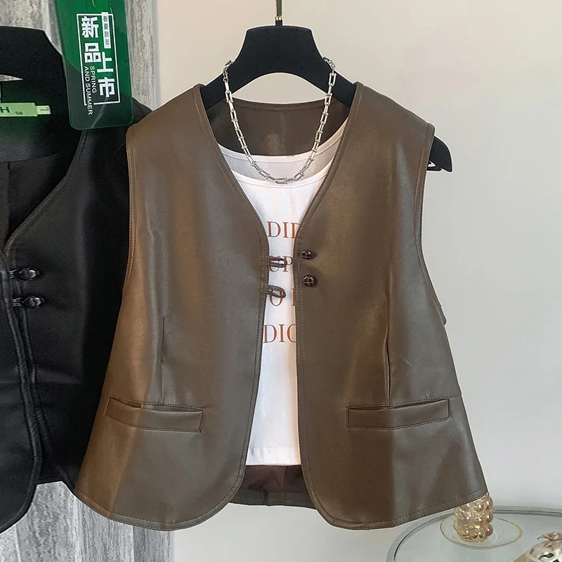 

Женский жилет из искусственной кожи Ele PU, укороченный, с V-образным вырезом, для многослойных образов, весенняя модная кожаная куртка для женщин