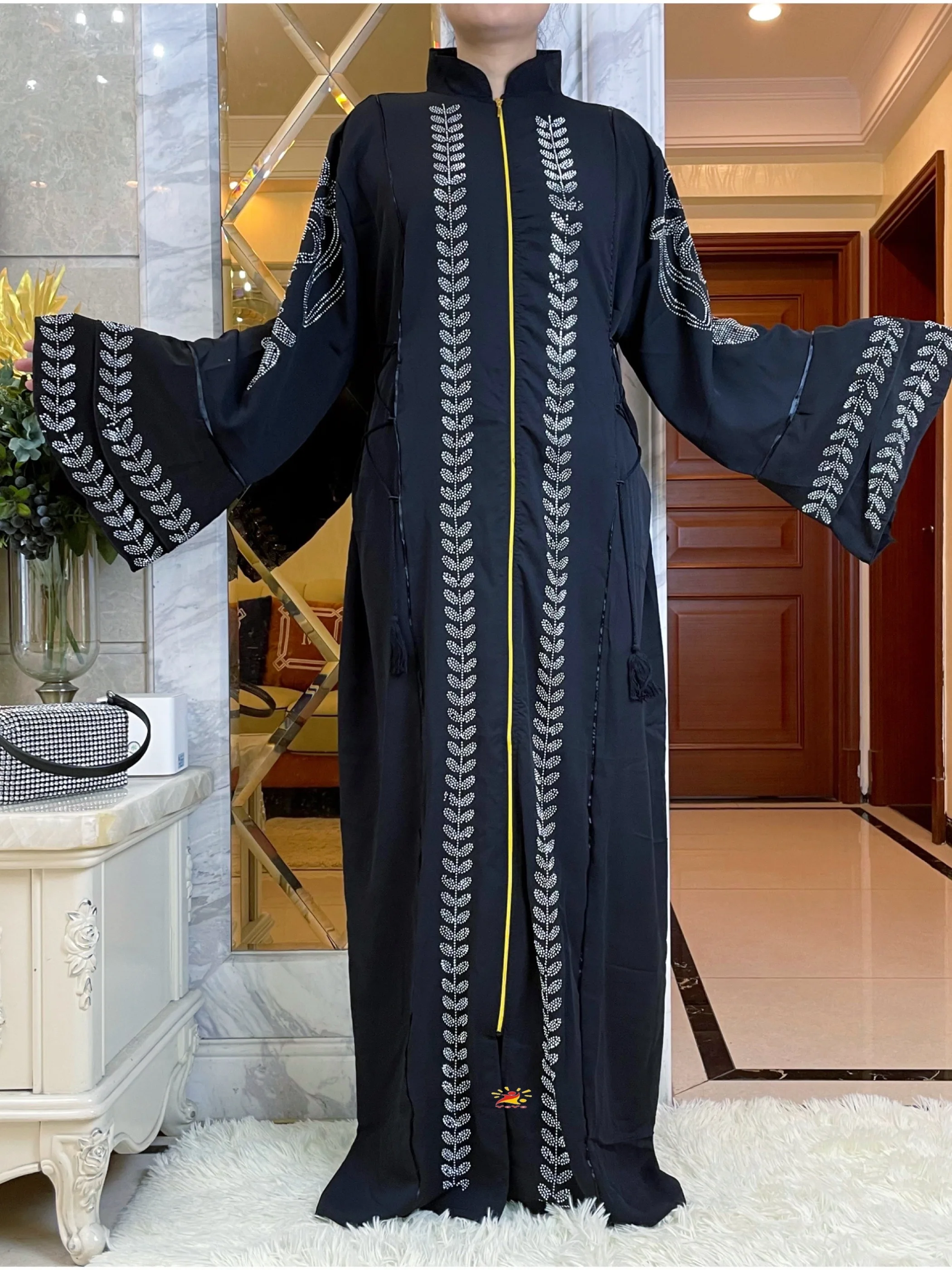 2023New African Spring Design Bazin Chiffon Long Stick Diamonds Sleeve Dashiki Dress Lady Muslim Middle East Abaya Women Clothe