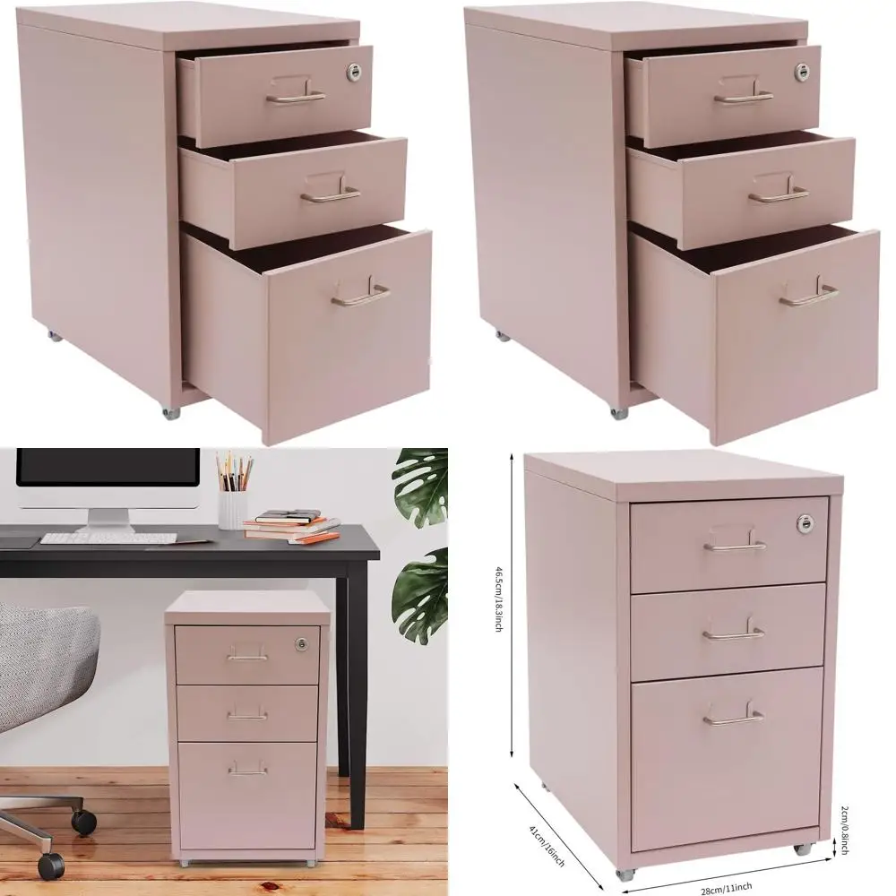 

Vertical 3-Drawer Pink Metal File Cabinet with Lock and Wheels