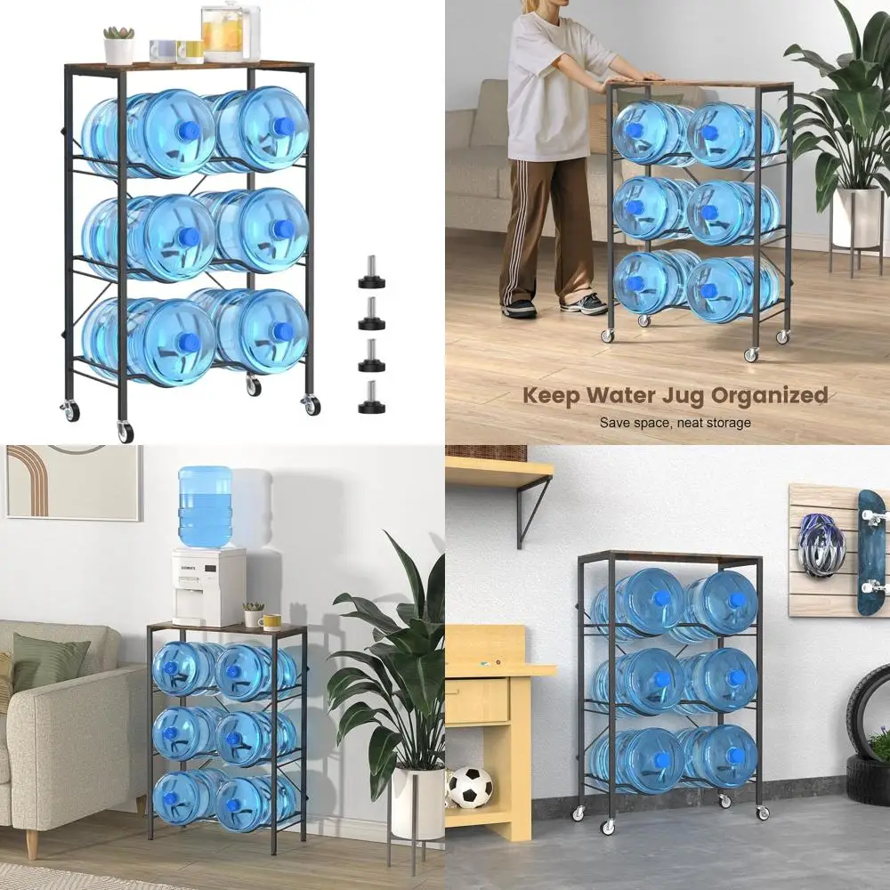 

Трехуровневая подставка для 5-галлонных бутылей с 6 поддонами, верхней полкой, 4 колесами, передвижная подставка для кухни или офиса, коричневая