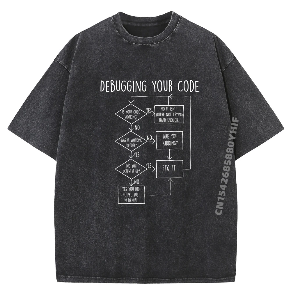 

Debugging Flowchart Computer Programming Coding Graphic Tees Casual T-Shirt Retro Washed Family Printed T-Shirt
