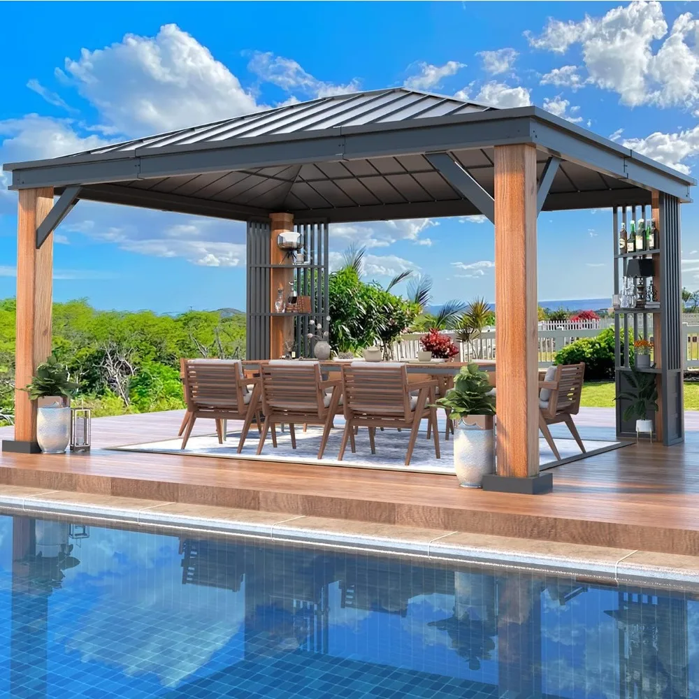 

12'x14' Outdoor Gazebo, Faux Wood Grain Metal Gazebo with Storage Rack, Vertical Stripe Galvanized Iron Roof, Outdoor Gazebo