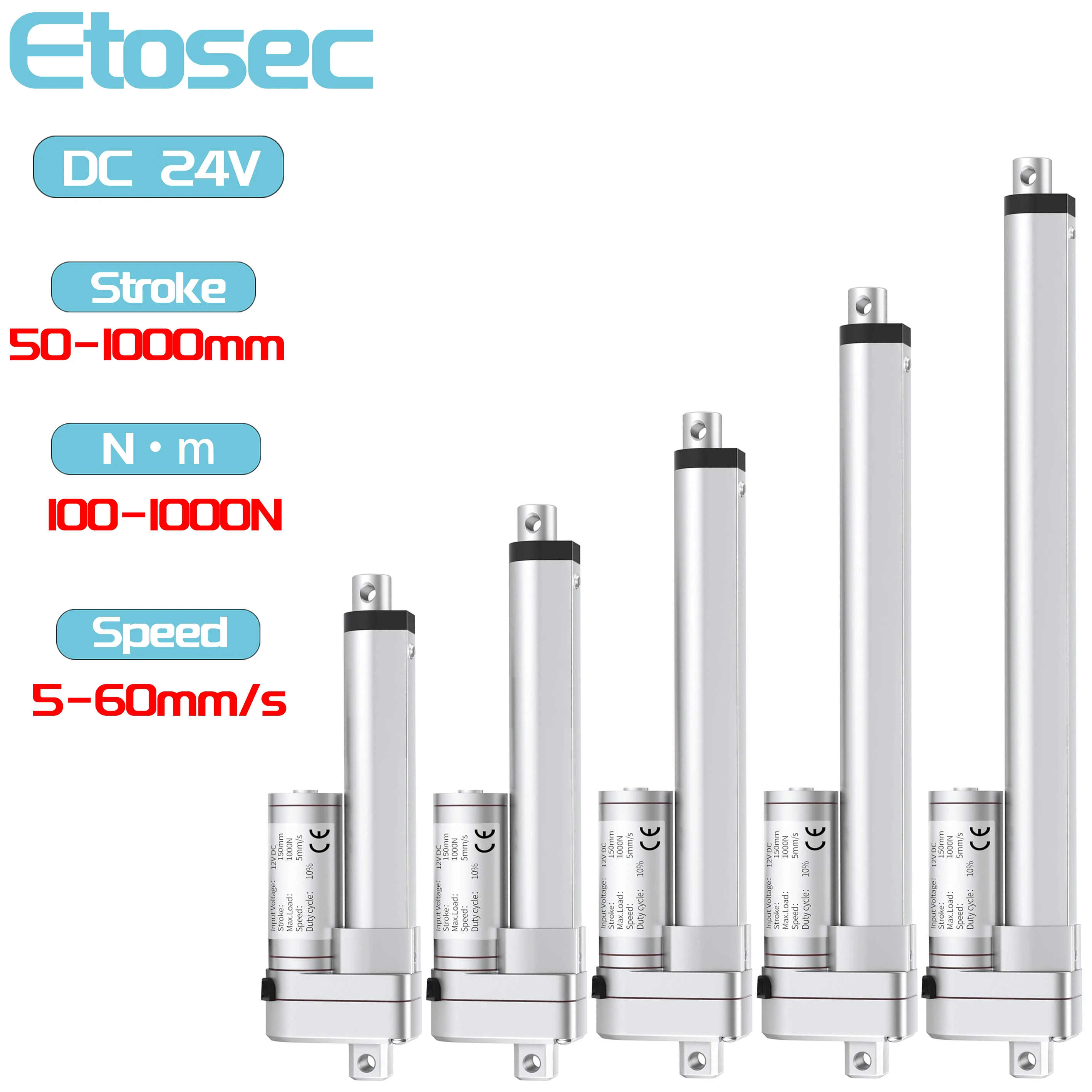 Etosec 24V Linear Actuator 1000N 50mm 100mm 200mm 400mm 600mm 800mm 900mm 1000mm Stroke Solar Tracker Motorisation Motor 90mm/s