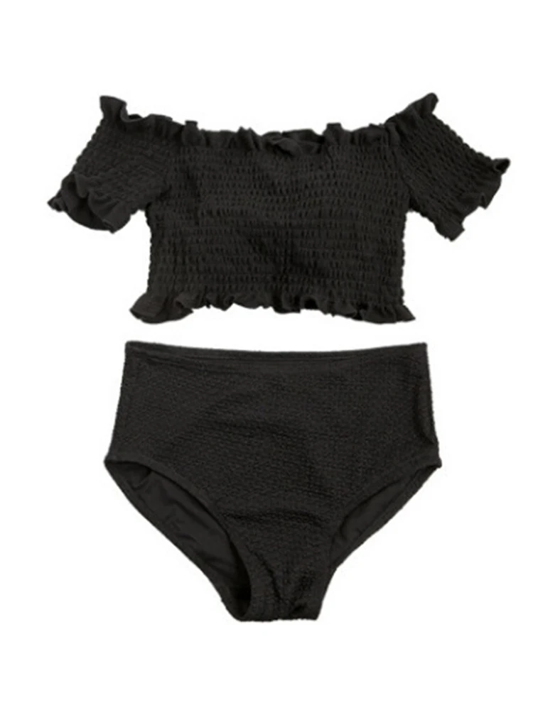 OIINAA ブラック水着 レディース スラッシュネック ラッフルビキニセット ツーピース プリーツビーチウェア サマー2025 新作 韓国風 セクシー水着