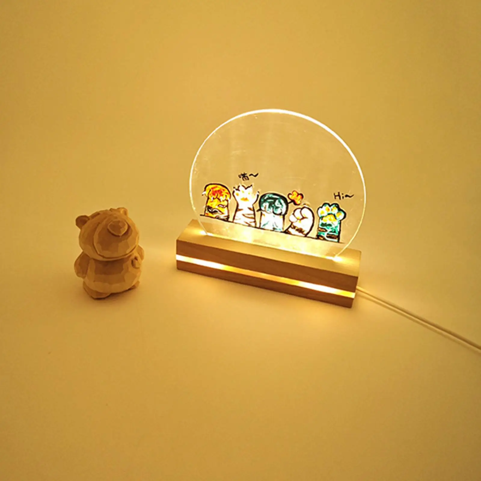LED Light Base Stand with USB Cable Rectangular Wood Craft Display for Beautiful Room Lamps and Decorative Lights
