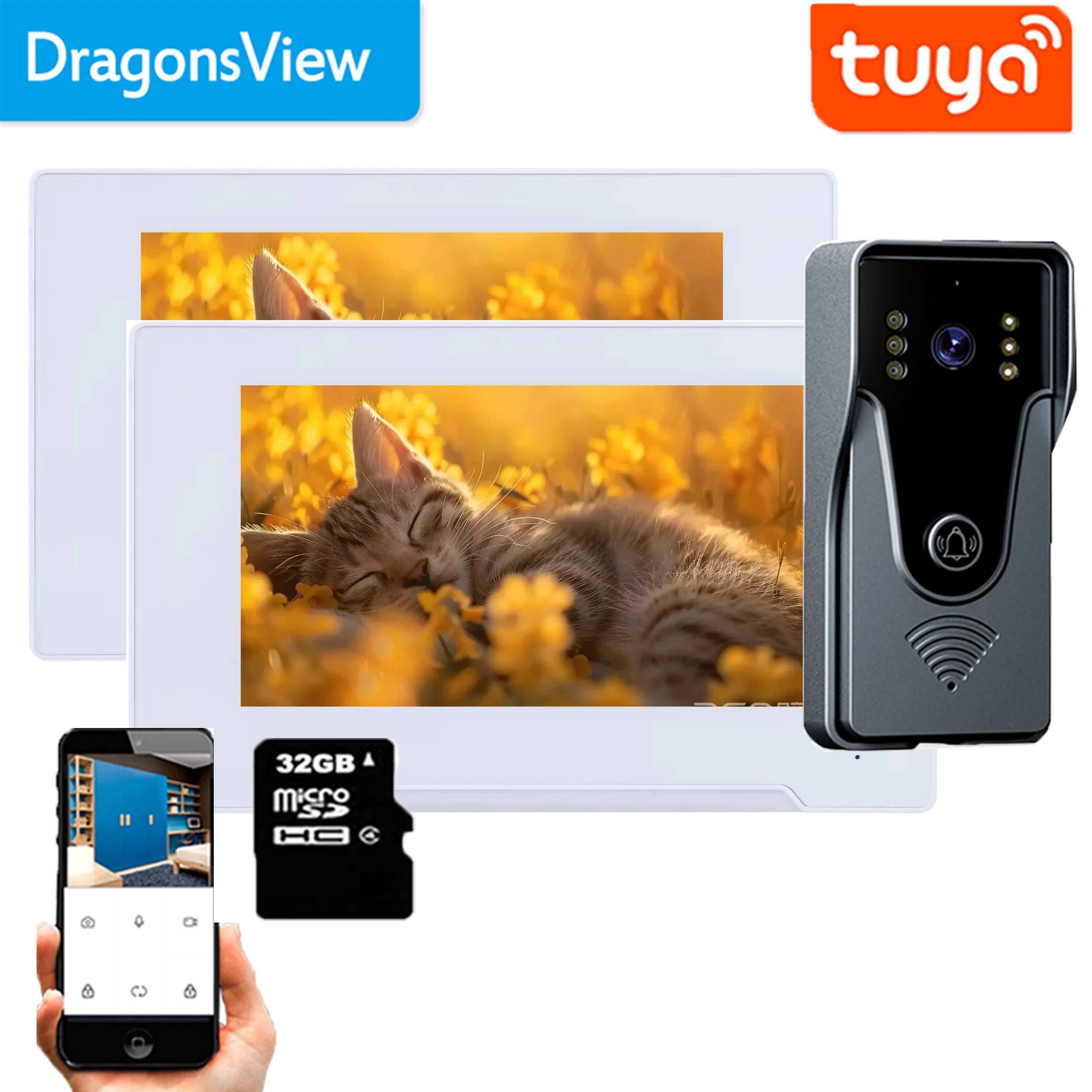 Dragonsview 1080P Tuya Wifi Wireless Video Door Phone System 2 Screen 7 Inch Home Intercom With Camera 4 Wires Record Motion IR