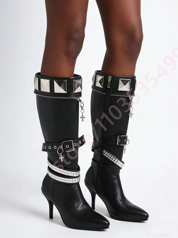 

Women's Black Gothic Knee-High Boots with Rivet Rhinestone Chain Buckle Strap High Heel Pointed Toe Zipper Fashion Party Boots