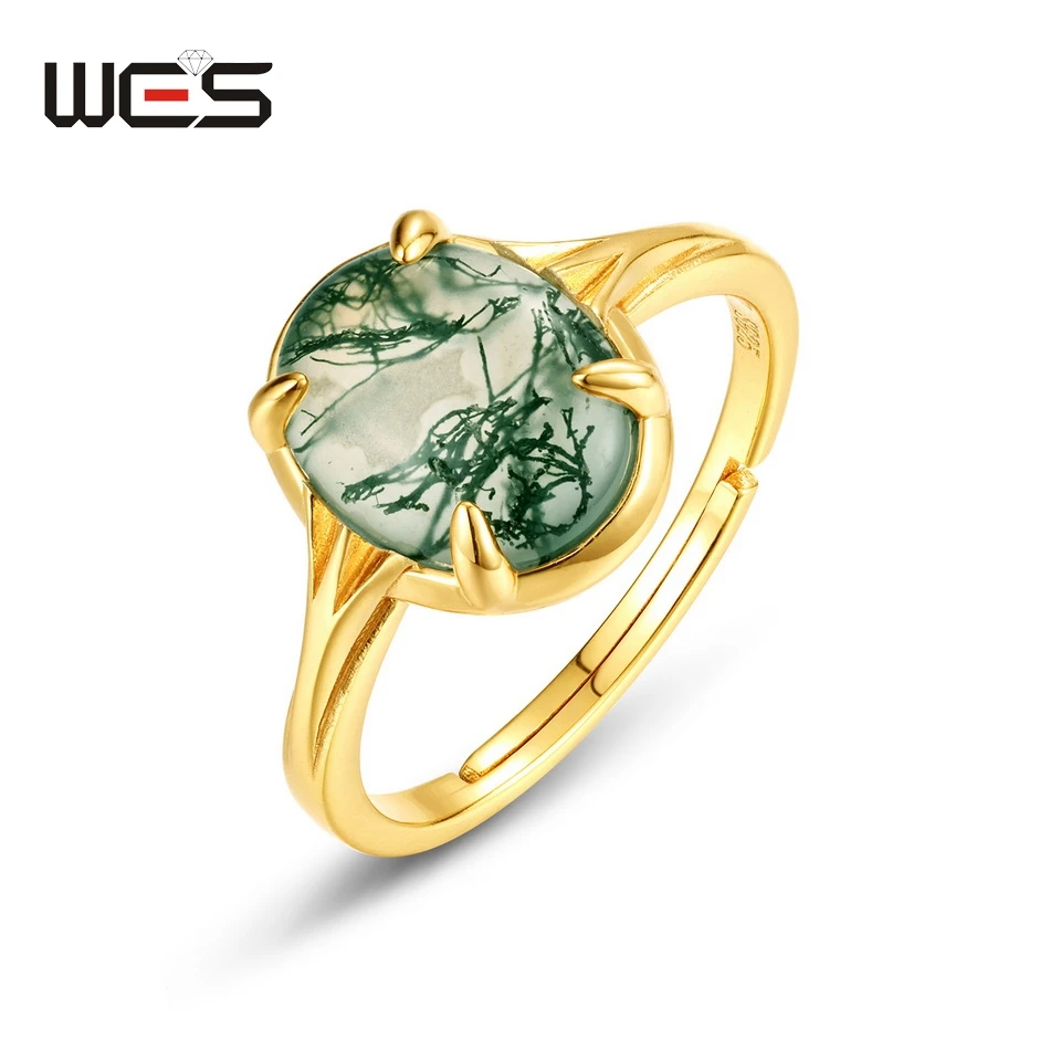 

WES 925 Sterling Silver 8*10mm Natural Moss Agate Open Ring for Woman Gold Plated Oval Cut Wedding Engagement Gift Wholesale