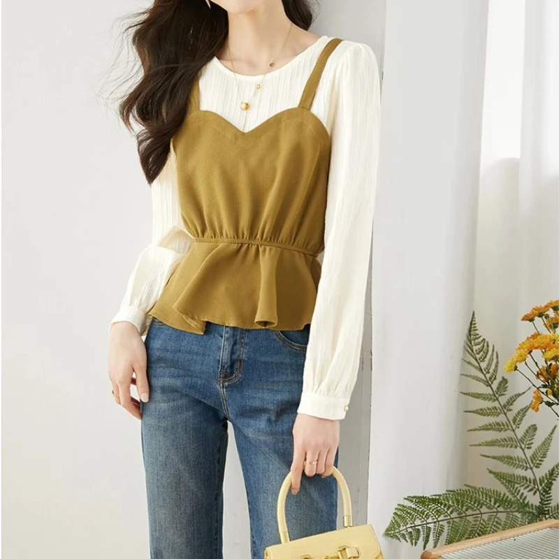 التباين كم طويل الكشكشة وهمية قطعتين مزاجه بلوزة ربيع الخريف قميص أنيق بلايز موضة مكتب النساء الملابس #6