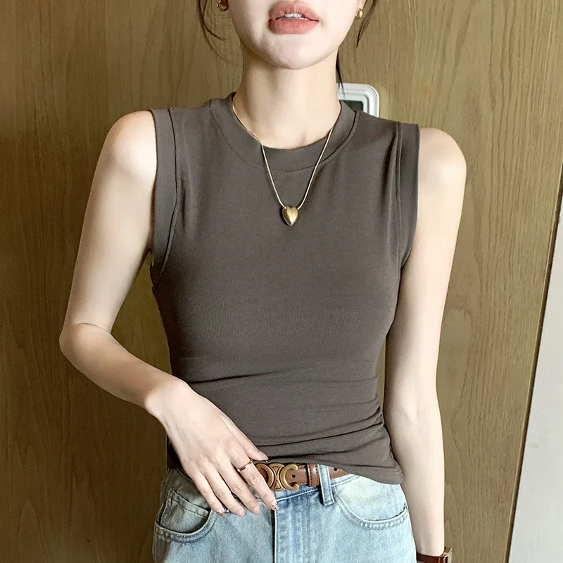 Spring Summer Women's Vest Wide Shoulder round Neck Base Shirt Inner Wear Khaki Color College Style No Brand Registered Trade...