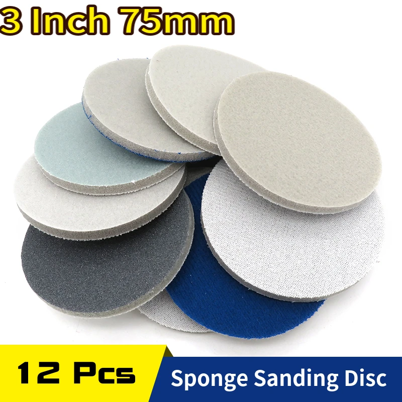 12 Pcs 3 Inch Sponge Sandpaper Hook And Loop Sanding Disc 75mm, 300-3000 Grit For Car Paint Automobile Polishing & Grinding