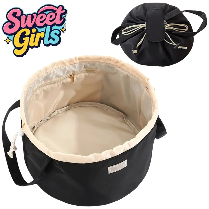 Bolsa de Maquiagem Portátil de Grande Capacidade com Cordão e Bolso Interno para Viagem e Armazenamento Diversificado