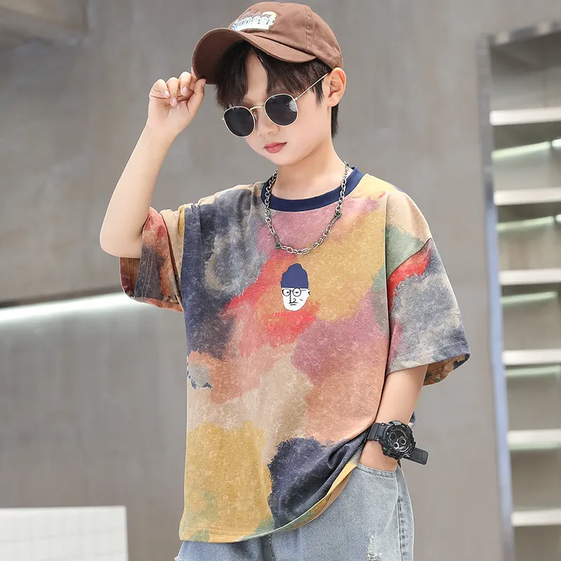 Summer Tie-Dye Cool Kids Boy Casual Tops Print Trendy Children\'s T-shirt Short Sleeve Teenager Tees Cotton Tshirt 4-14 Years Old