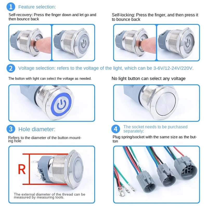 12/16/19/22mm Metal Push Button Switch Flat Round Power Control LED Light Self-lock Reset Momentary 6V 24V 220V Waterproof IP65