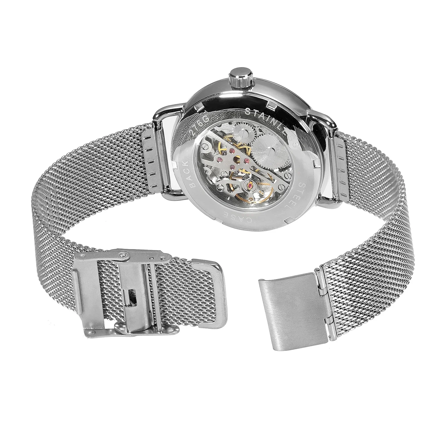 T-winner Simple Wind Double Display Size Ring Mechanical Watch Black Gold Circular Watch Steel Strap Watch