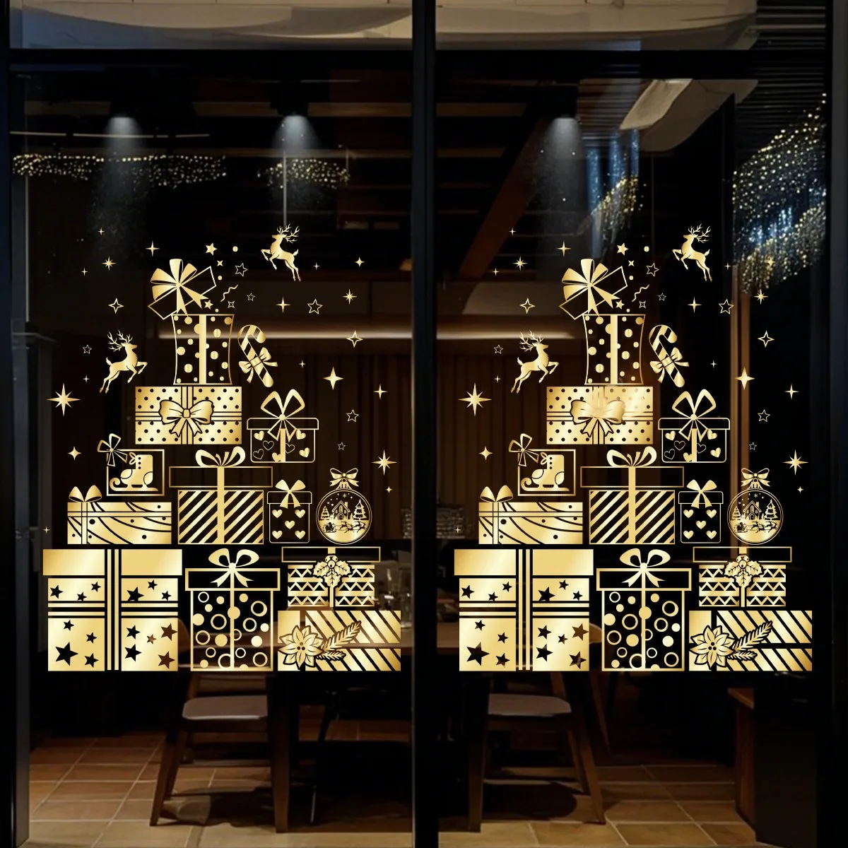 Christmas Gold Tree Star Window Cling Static Sticker Holiday Glass Door Decor Festive Decal