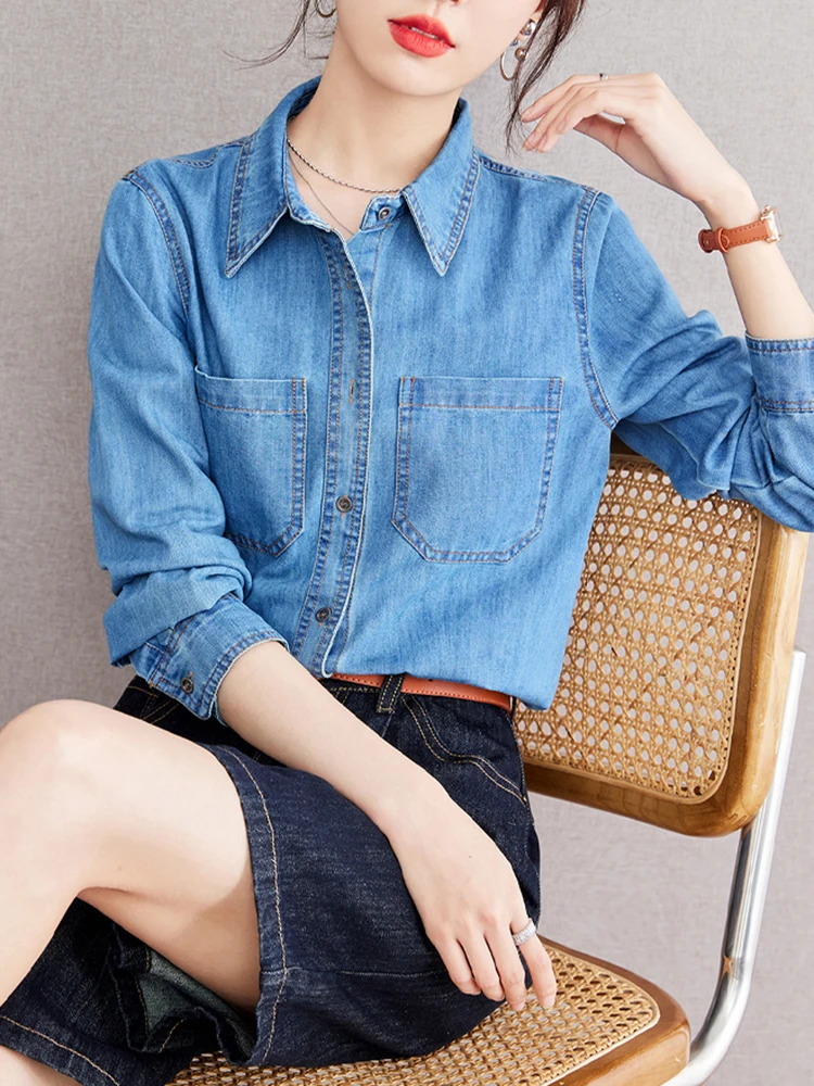 Vintage Washed Denim Shirt Women 2024 New Fashion Commuting Loose Long Sleeve Button Shirts Casual Versatile Blouses