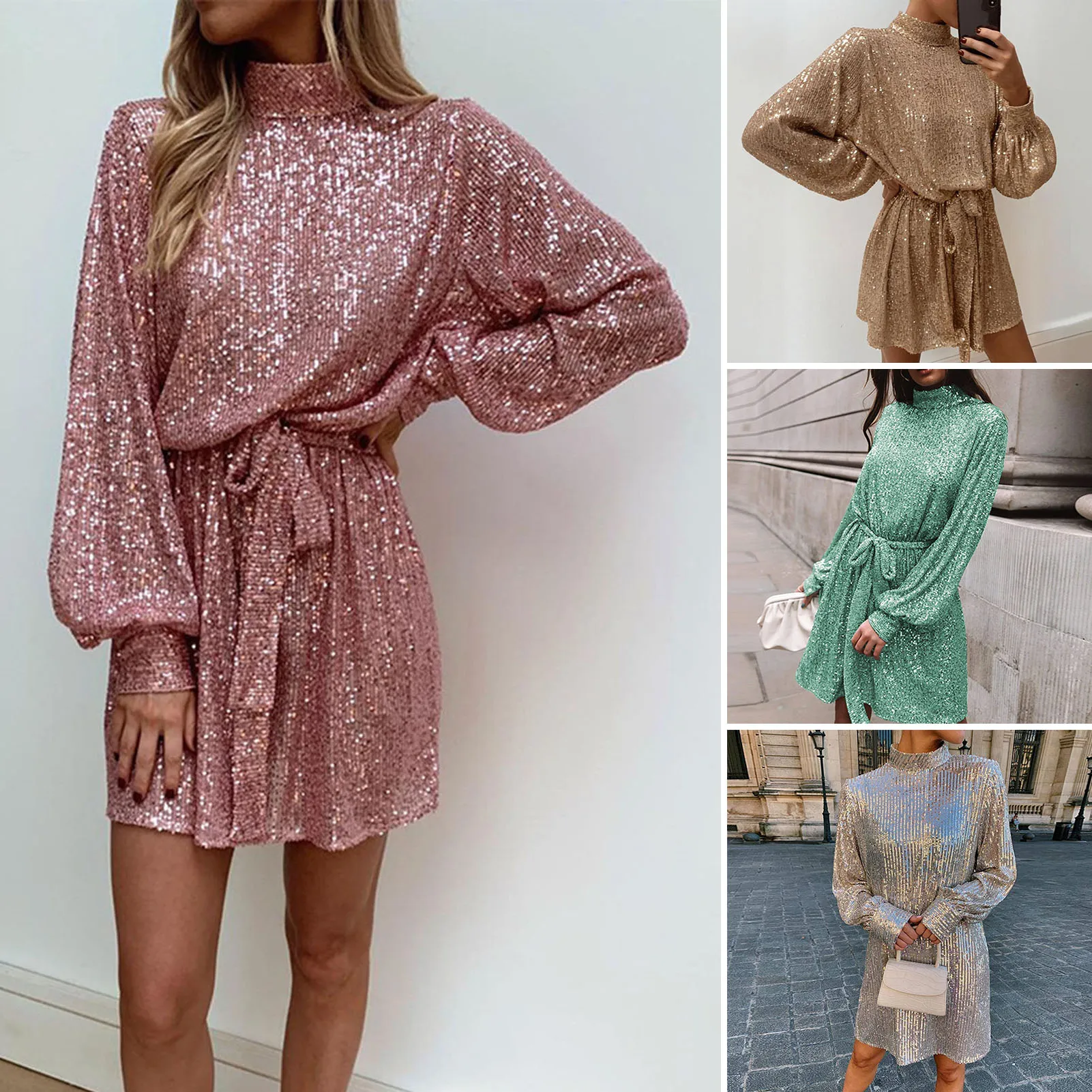 Women Evening Dress V Neck Long Sleeve Shiny Sequin Belted Tight Waist Irregular Hem Solid Color Party Club Bodycon Mini Dress