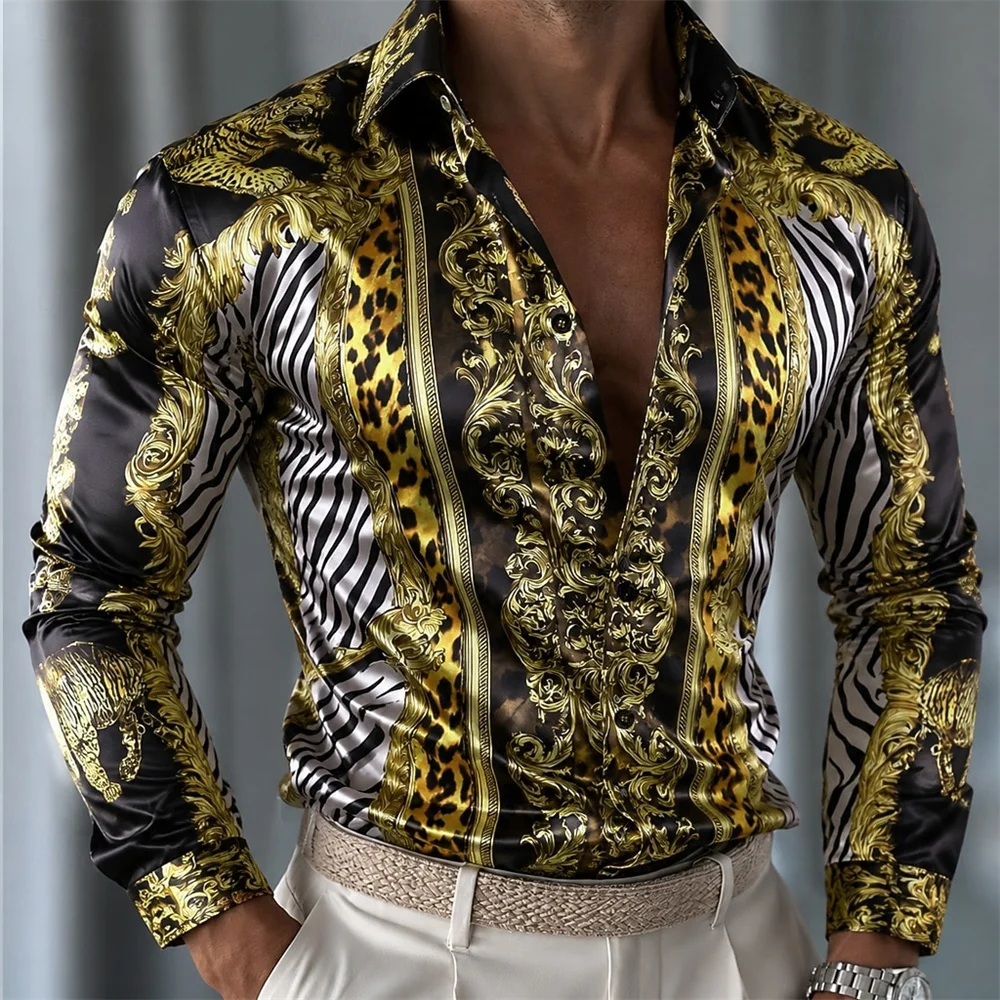 Men's Shirt Satin Shirt Dress Shirt Button up Shirt Gradient Business Wedding Long Sleeved Folding Seasonal Clothing