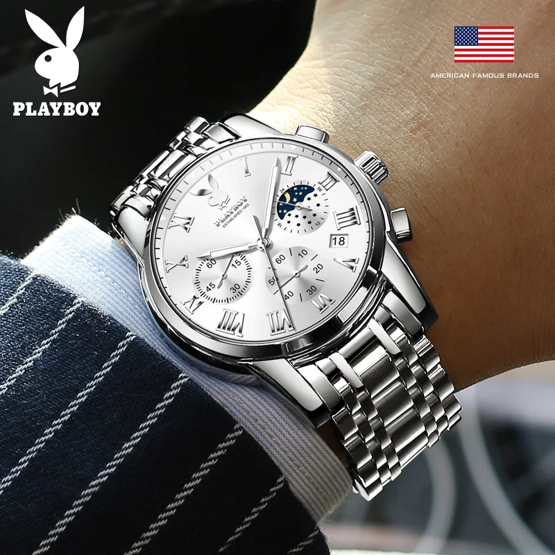 PLAYBOY High Quality Original Waterproof Stainless Steel Watch Men Chronograph Fashion Quartz Men Watch Casual Men\'s Wrist Watch