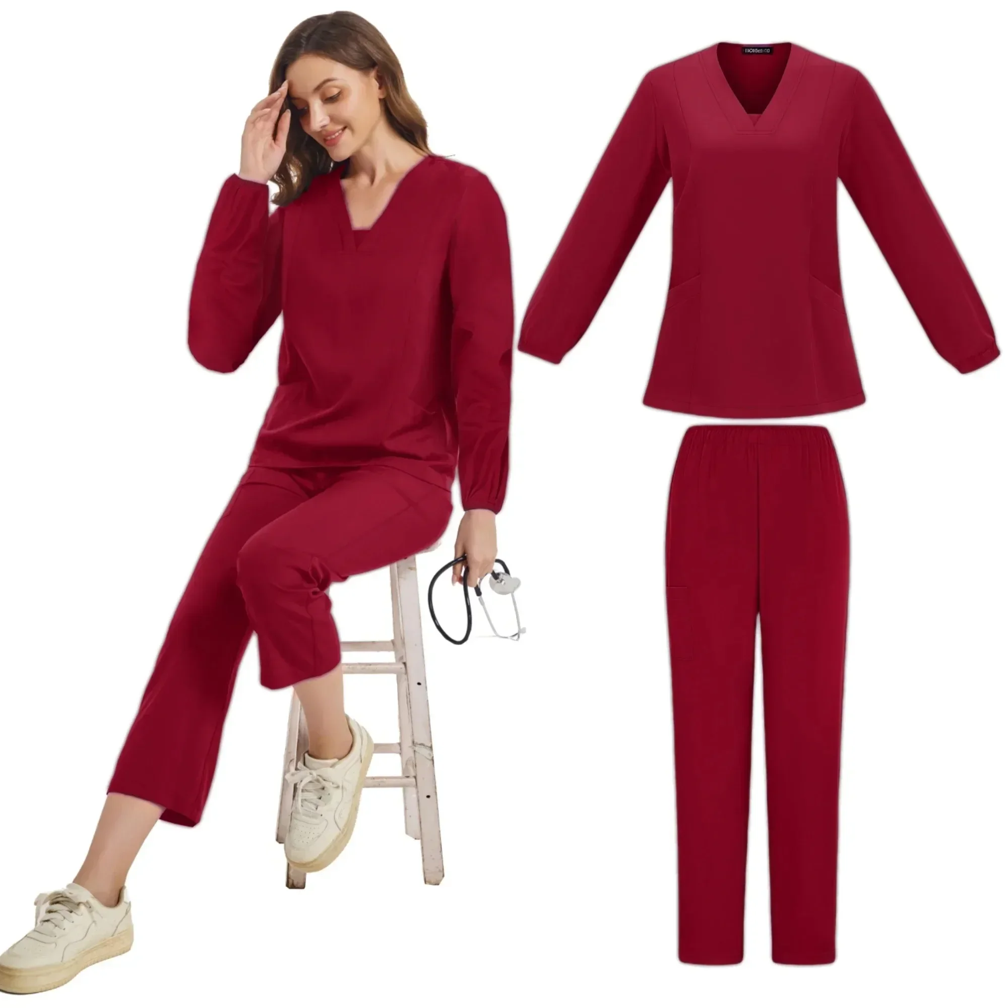 Long Sleeves Female Doctor Beauty Salon Dental Clinic Nurse Work Clothes Anti Wrinkle Long Pants Female Leisure Sports Uniforms