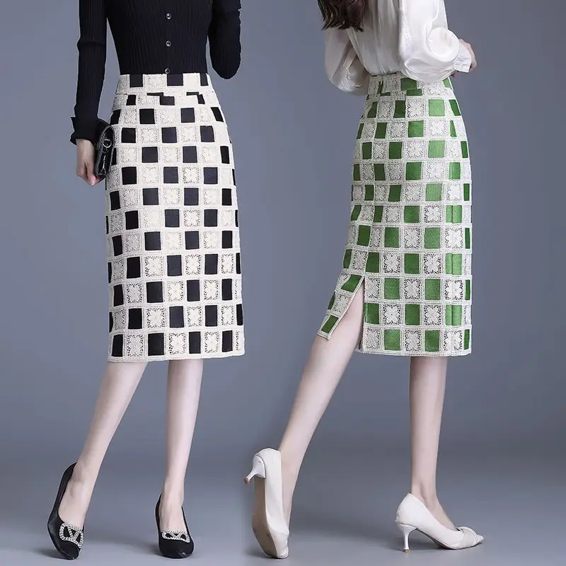 

Korean Commute 2024 New Spring and Summer Women's Plaid Patchwork Zipper High Waisted Slim All-match Split A-line Hip Wrap Skirt