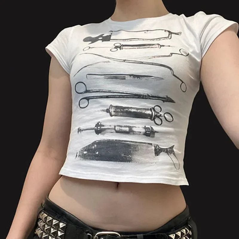 Dark Printed Cropped T Shiirt Gothic Casual Slim O-Neck Short Sleeve Tees Women 2024 Summer Fashion Streetwear Ladies