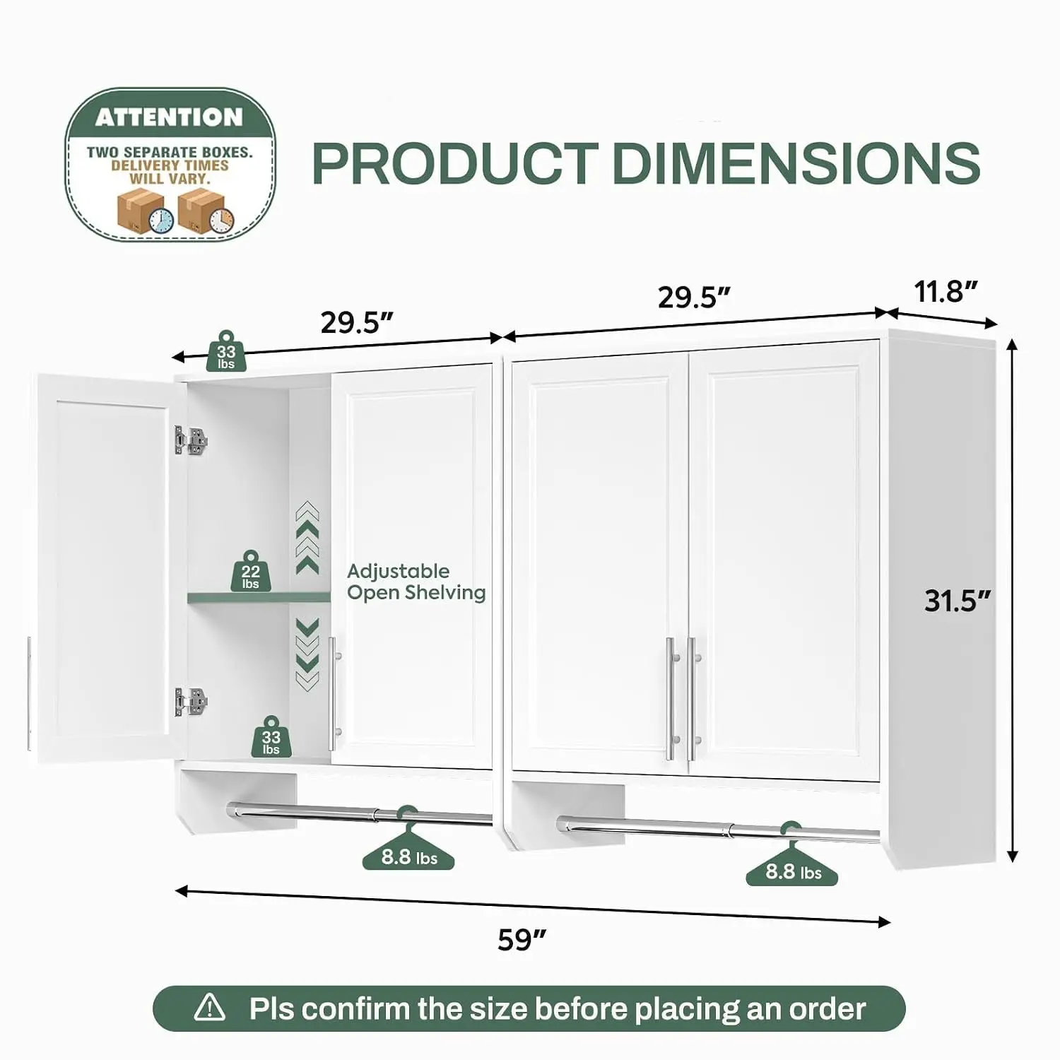 Large Wall Mounted Laundry Cabinet with Hanging Rod 60
