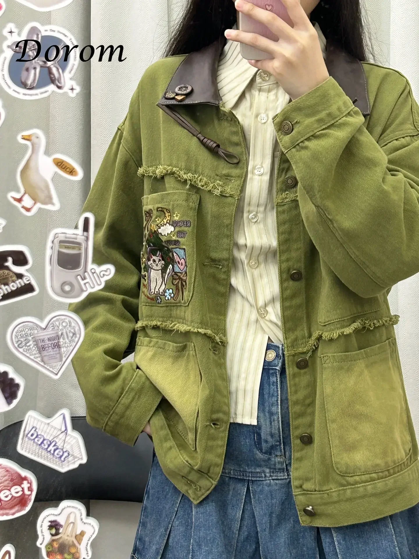 Vintage Embroidery Green Lapel Patchwork Denim Jacket Women Autumn Korean Single Breasted Loose Jean Coat Female Casual Outwear