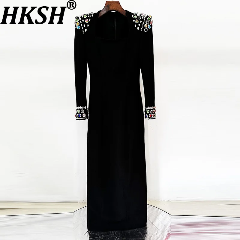 HKSH الخريف المرأة الأمريكية مزاجه أنيقة ألف خط فستان الثقيلة الحرفية الماس رصع فستان بكم طويل ثوب رسمي Ins HK8655