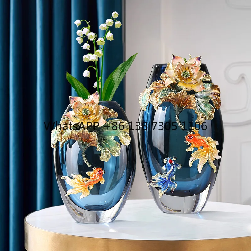 

Fishplaylotus leaf glazed vase high-end handicraft ornament living room wine cabinet entrance cabinet ornament high-end ornament