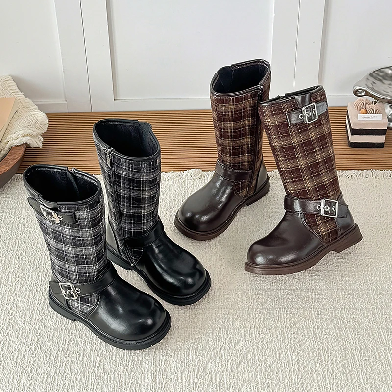 Little Girls Plaid Chunky Leather Boots with Buckle 2026 New Winter Kids Warm-lined Mid-calf Boots Non-slip Princess Party Boots